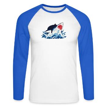 Chat Requin Humour océan  - T-shirt baseball manches longues Homme - blanc/bleu royal - Devant - Nik (191cm)