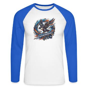 Geschwindigkeit – Ungezähmte Energie - Unisex Baseballshirt langarm - Weiß/Royalblau - Vorne - Nik (191cm)