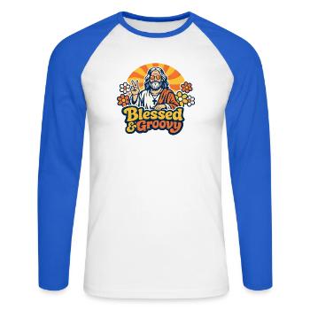 Groovy Jesus Peace - Unisex Long Sleeve Baseball T-Shirt - white/royal blue - Front - Nik (191cm)