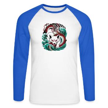 Renard et Dragon Kitsune japonais - T-shirt baseball manches longues Homme - blanc/bleu royal - Devant - Nik (191cm)