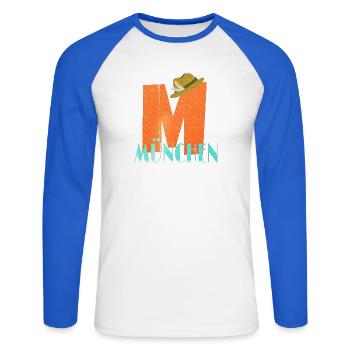 Retro Design M München - Unisex Baseballshirt langarm - Weiß/Royalblau - Vorne - Nik (191cm)