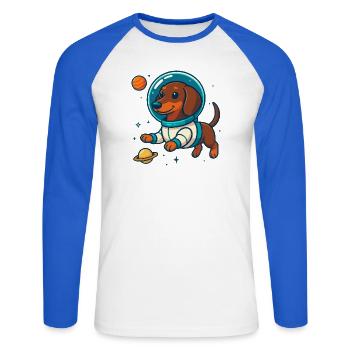 Teckel dans l’espace – Petit chien astronaute mignon - T-shirt baseball manches longues Homme - blanc/bleu royal - Devant - Nik (191cm)