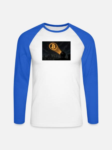 Bitcoin Scheinwerfer über der Stadt - Unisex Baseballshirt langarm - Weiß/Royalblau