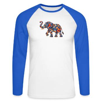 Patchwork Elephant Floral Pattern - Unisex Long Sleeve Baseball T-Shirt - white/royal blue - Front - Nik (191cm)