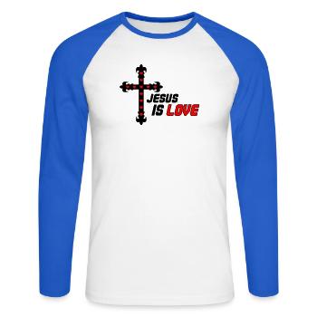 Jésus, c’est l’Amour - T-shirt baseball manches longues Homme - blanc/bleu royal - Devant - Nik (191cm)