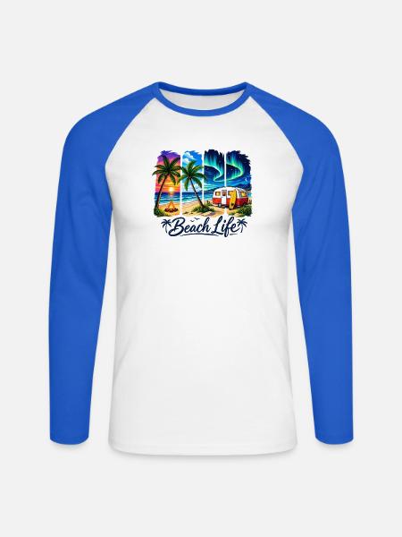 Strandleben: Sonnenuntergang & Camper - Unisex Baseballshirt langarm - Weiß/Royalblau