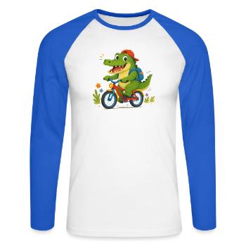 Crocodile joyeux allant à l’école à vélo - T-shirt baseball manches longues Homme - blanc/bleu royal - Devant - Nik (191cm)