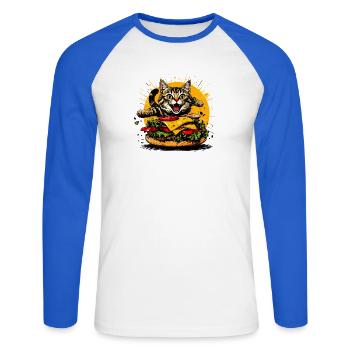 Chat au gros burger – Art drôle de restauration rapide - T-shirt baseball manches longues Homme - blanc/bleu royal - Devant - Nik (191cm)