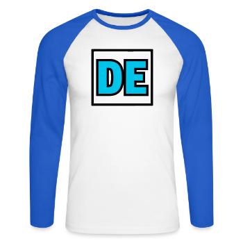DE Initials Letters Logo - Unisex Long Sleeve Baseball T-Shirt - white/royal blue - Front - Nik (191cm)