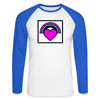 Graphique de cadre en forme de cœur arc-en-ciel - T-shirt baseball manches longues Homme - blanc/bleu royal - Devant - Nik (191cm)
