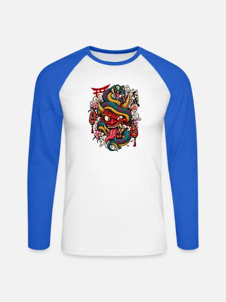 Tattoo-Drachen mit Shinto-Elementen - Unisex Baseballshirt langarm - Weiß/Royalblau