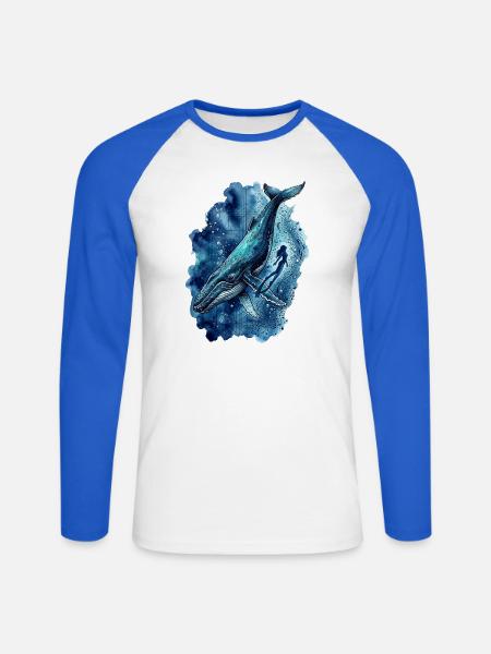Deep Blue Odyssey Humpback & Freedive - Unisex Baseballshirt langarm - Weiß/Royalblau