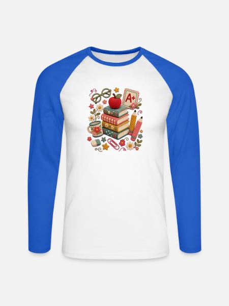 Häkel-Schulbücher Apfellehrerin - Unisex Baseballshirt langarm - Weiß/Royalblau