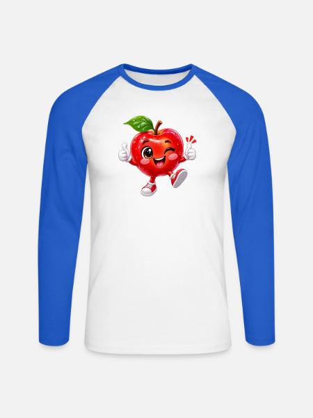 Freudiges Zwinkerndes Apfel-Maskottchen - Unisex Baseballshirt langarm - Weiß/Royalblau