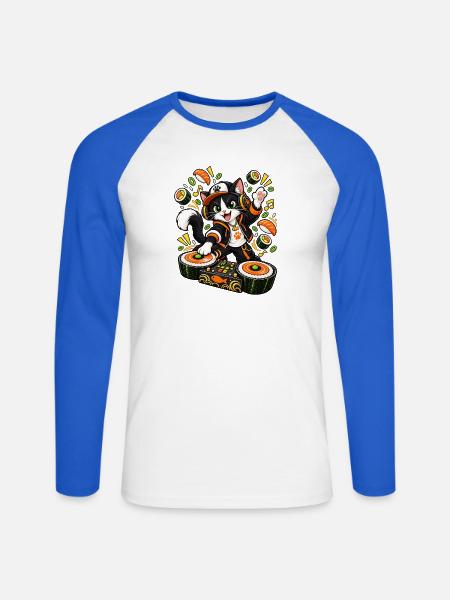 DJ Cat dreht Sushi-Roll-Plattenspieler - Unisex Baseballshirt langarm - Weiß/Royalblau