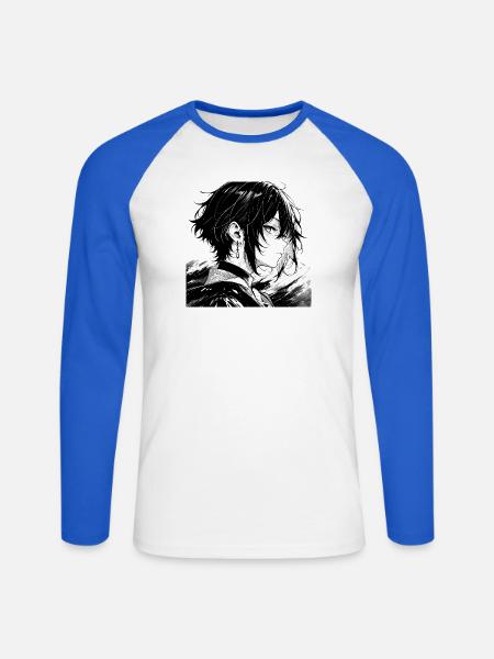 Monochromer Manga-Charakter Profil - Unisex Baseballshirt langarm - Weiß/Royalblau