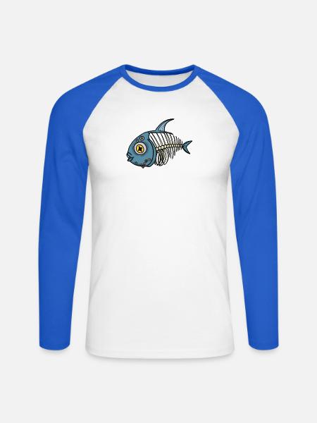 Blauer Skelettfisch-Cartoon - Unisex Baseballshirt langarm - Weiß/Royalblau