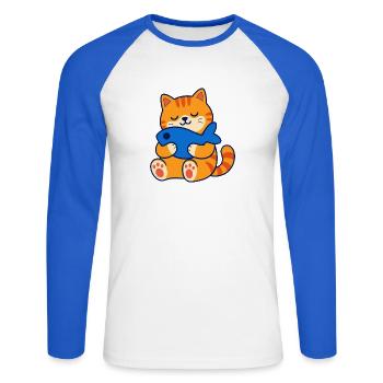 Orangefarbene getigerte Katze umarmt ein Fischkissen - Unisex Baseballshirt langarm - Weiß/Royalblau - Vorne - Nik (191cm)