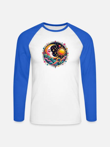 Sonne Mond Wellen Psychedelisch - Unisex Baseballshirt langarm - Weiß/Royalblau