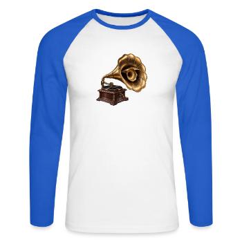 Antikes Grammophon - Unisex Baseballshirt langarm - Weiß/Royalblau - Vorne - Nik (191cm)