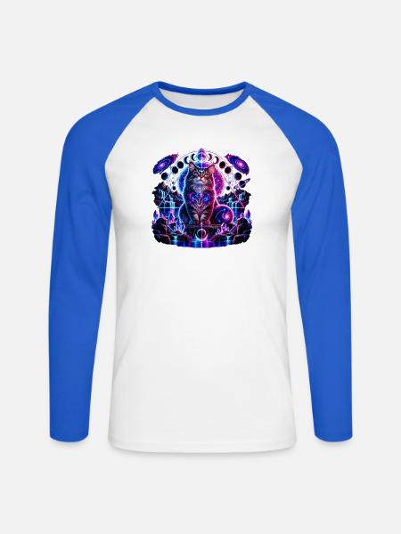 Kosmische Katze – Mystisches Galaxie Design - Unisex Baseballshirt langarm - Weiß/Royalblau