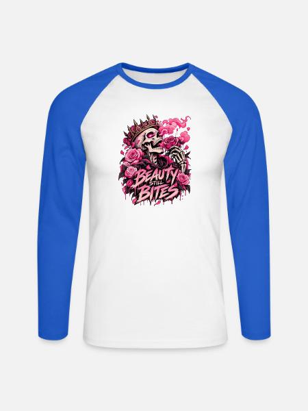 Beauty Bites: Rose Totenkopf - Unisex Baseballshirt langarm - Weiß/Royalblau