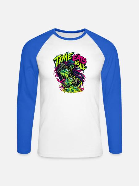 Neon-Todesbote: Zeit frisst uns alle - Unisex Baseballshirt langarm - Weiß/Royalblau