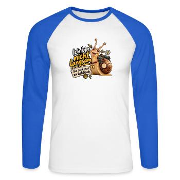 Paco die Pilgerschnecke – Ich bin nicht langsam - Unisex Baseballshirt langarm - Weiß/Royalblau - Vorne - Nik (191cm)