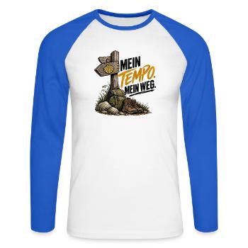 Mein Tempo. Mein Weg. – Buen Camino - Unisex Baseballshirt langarm - Weiß/Royalblau - Vorne - Nik (191cm)