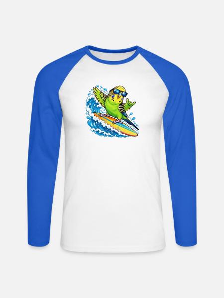 Vogel auf der Welle surfen mit Sonnenbrille - Unisex Baseballshirt langarm - Weiß/Royalblau