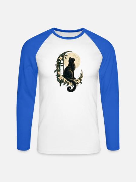Mondbeschienener Katzen-Blumenbogen - Unisex Baseballshirt langarm - Weiß/Royalblau