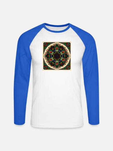 Blumenmandalas, grün, rot, blau, - Unisex Baseballshirt langarm - Weiß/Royalblau