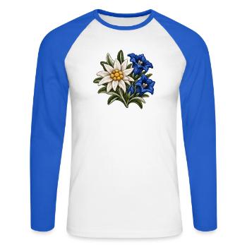 Edelweiß und Enzian im Stickerei-Look - Unisex Baseballshirt langarm - Weiß/Royalblau - Vorne - Nik (191cm)