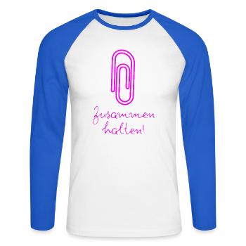 BÜROKLAMMER ZUSAMMENHALTEN, PROTEST, NIE WIEDER - Unisex Baseballshirt langarm - Weiß/Royalblau - Vorne - Nik (191cm)