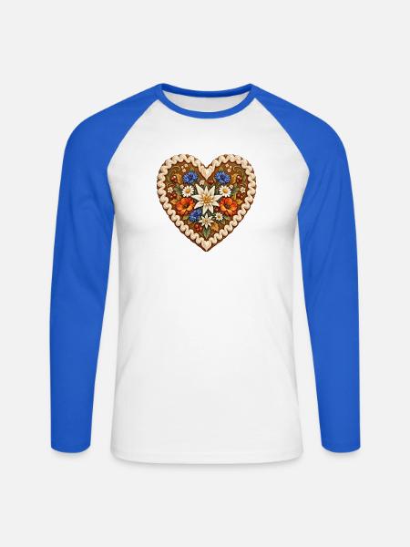 Lebkuchenherz mit Edelweiß & Alpenblumen - Unisex Baseballshirt langarm - Weiß/Royalblau