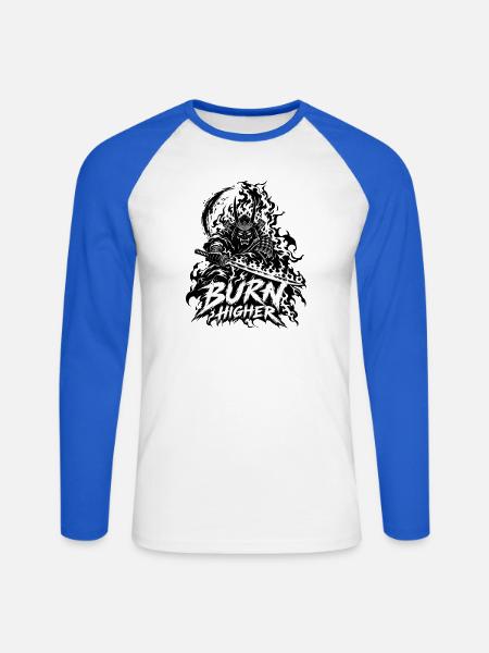 Flammen-Samurai Brenn Höher - Unisex Baseballshirt langarm - Weiß/Royalblau