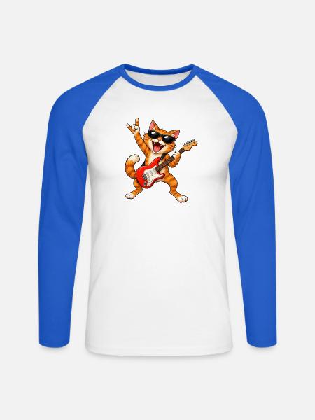 Rocker Katze mit Gitarre - Unisex Baseballshirt langarm - Weiß/Royalblau