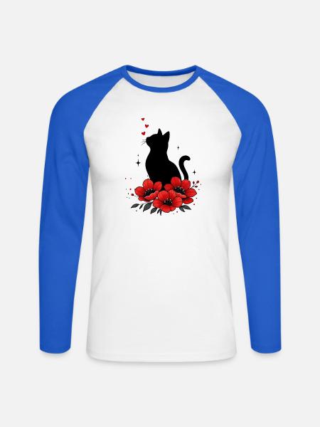 Schwarze Katze & Rote Mohnblume - Unisex Baseballshirt langarm - Weiß/Royalblau
