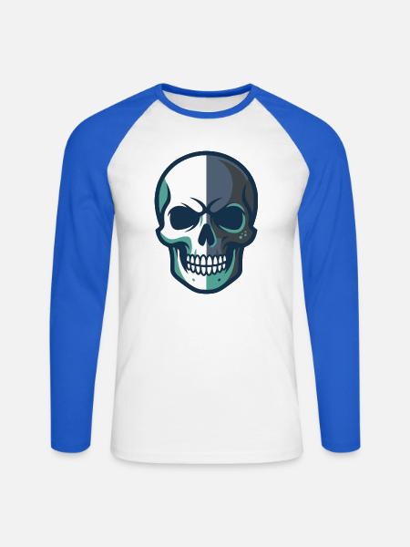 Stilisierte Totenkopfgrafik mit geteiltem Farbdesign - Unisex Baseballshirt langarm - Weiß/Royalblau