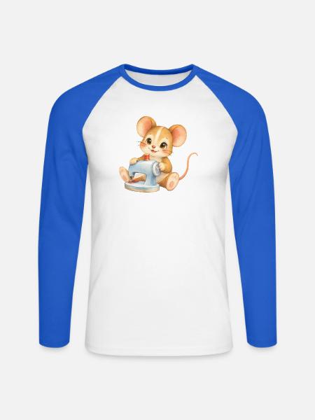 Maus - Nähfreude an der Nähmaschine - Unisex Baseballshirt langarm - Weiß/Royalblau