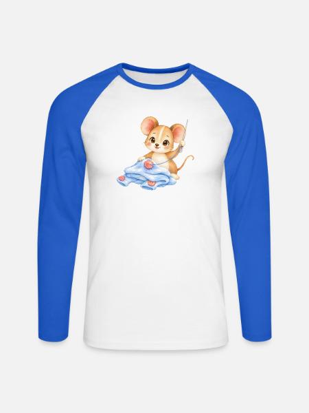 Maus - Nähmaus im Wolltraum - Unisex Baseballshirt langarm - Weiß/Royalblau