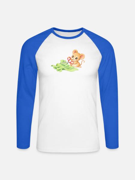 Maus - Niedliches Mäuschen schneidet Stoff - Unisex Baseballshirt langarm - Weiß/Royalblau