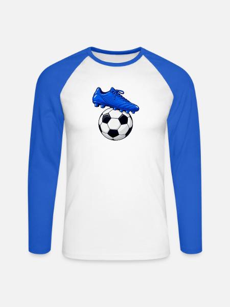 Blauer Fußballschuh und Fußball - Unisex Baseballshirt langarm - Weiß/Royalblau