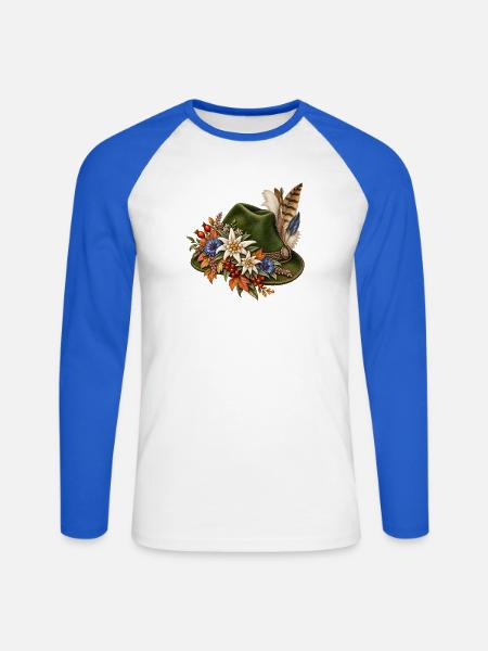 Trachtenhut mit Edelweiß & Federn - Unisex Baseballshirt langarm - Weiß/Royalblau