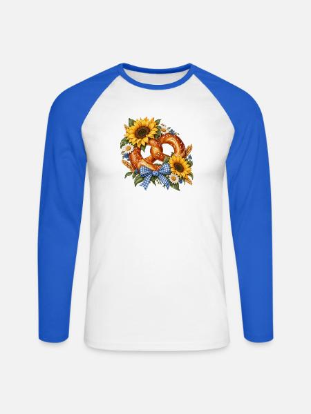 Brezel mit Sonnenblumen & Trachtenschleife - Unisex Baseballshirt langarm - Weiß/Royalblau