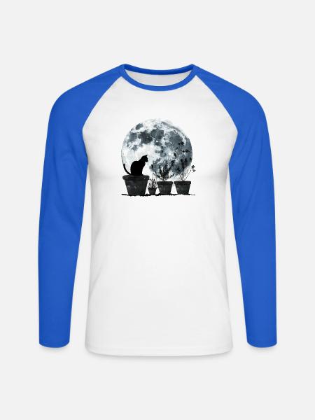 Mondkatze im Nachtgarten - Unisex Baseballshirt langarm - Weiß/Royalblau