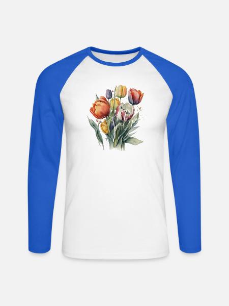 Aquarell-Tulpenbouquet-Schrift - Unisex Baseballshirt langarm - Weiß/Royalblau