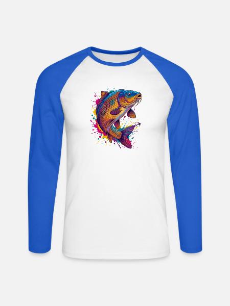 Bunte Karpfen-Kunstplatte Pfirsich - Unisex Baseballshirt langarm - Weiß/Royalblau