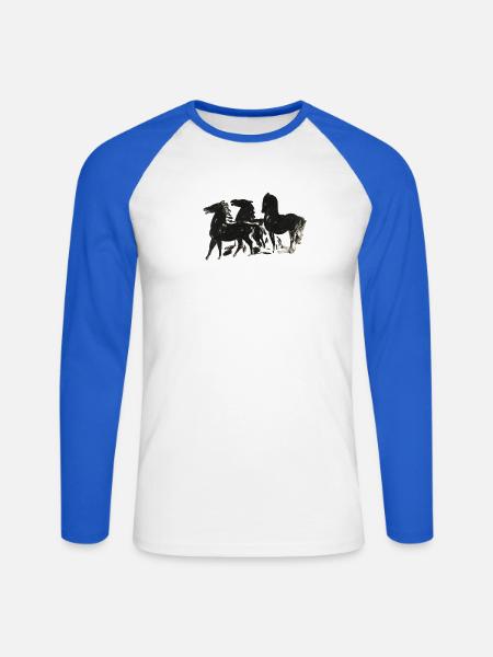 Wild_Black_Horses_Brush_Ink_Sketch - Unisex Baseballshirt langarm - Weiß/Royalblau