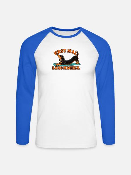 Erst Mal Lang Machen – Dackel Dehnung - Unisex Baseballshirt langarm - Weiß/Royalblau